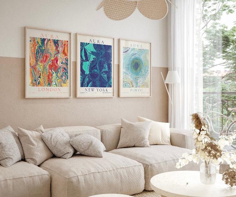 City Aura Posters, Gradient Wall Art | Positive Energy Print Set | Retro Aura Prints,