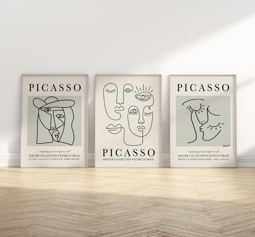 Picasso Print Set Of Three Posters | Famous Artist Wall Art | Picasso Poster Prints | Grey Picasso Print Set