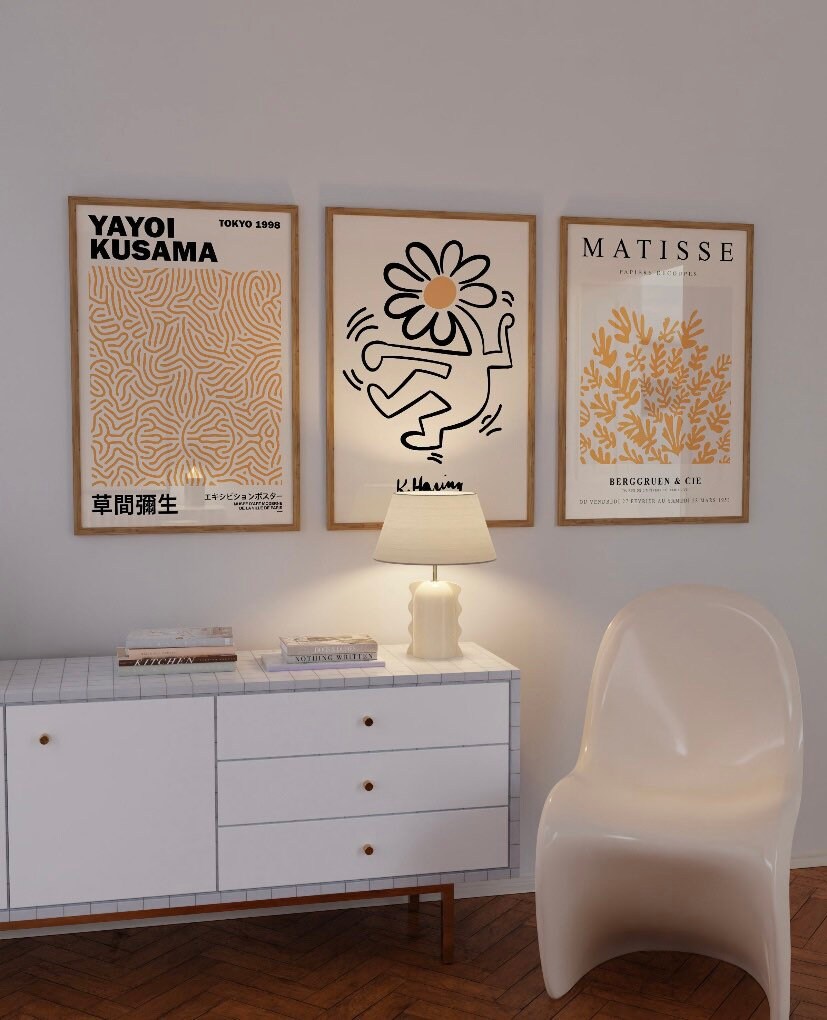 Set of 3 Matisse, Keith Haring and Yayoi Kusama prints | Wall art | yellow prints | yellow posters | colourful