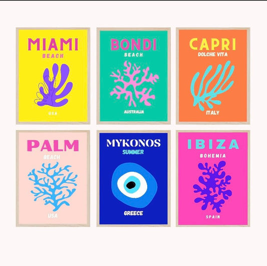 Set of 6 Travel Prints, Miami, Bondi, Palm Beach, Ibiza, Mykonos, Capri, wall art, Posters, Room Decor, Colourful