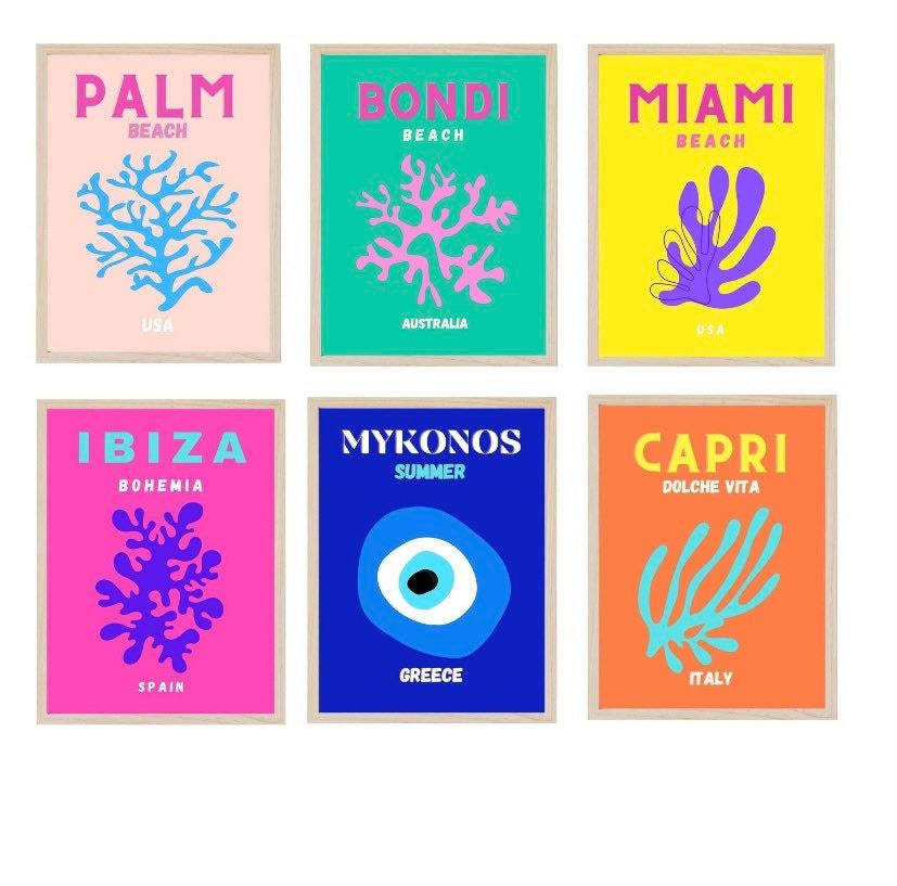 Set of 6 Travel Prints, Miami, Bondi, Palm Beach, Ibiza, Mykonos, Capri, wall art, Posters, Room Decor, Colourful