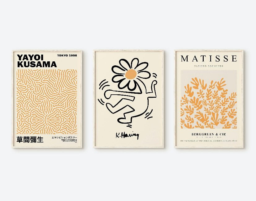 Set of 3 Matisse, Keith Haring and Yayoi Kusama prints | Wall art | yellow prints | yellow posters | colourful