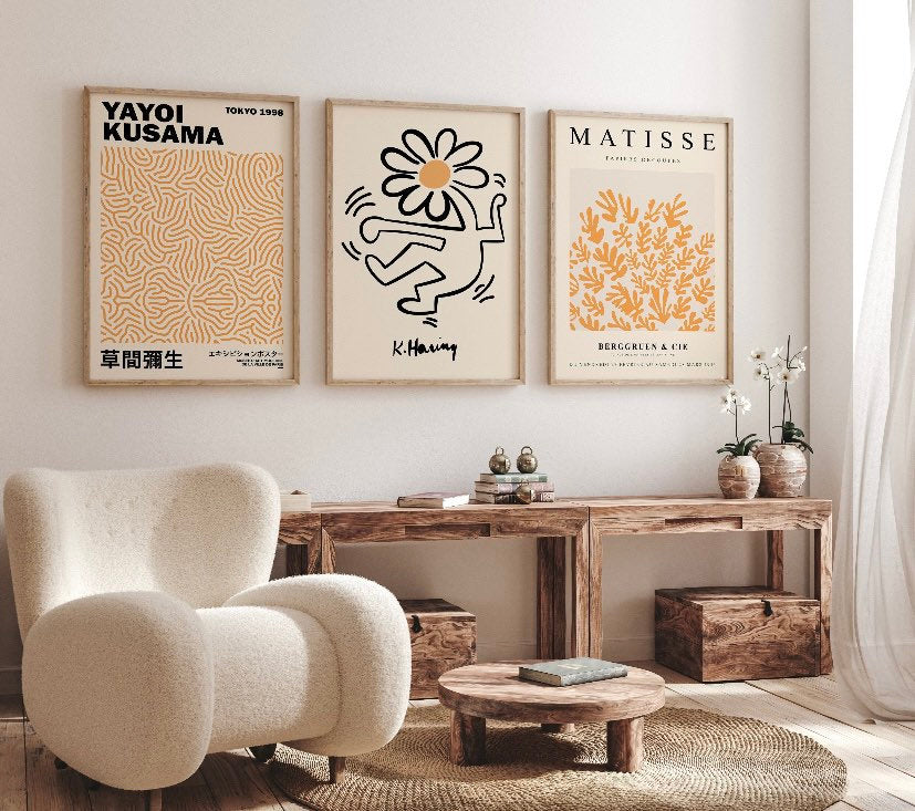 Set of 3 Matisse, Keith Haring and Yayoi Kusama prints | Wall art | yellow prints | yellow posters | colourful