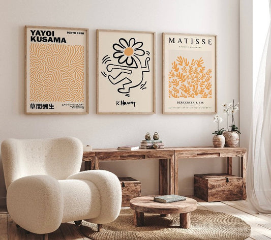 Set of 3 Matisse, Keith Haring and Yayoi Kusama prints | Wall art | yellow prints | yellow posters | colourful