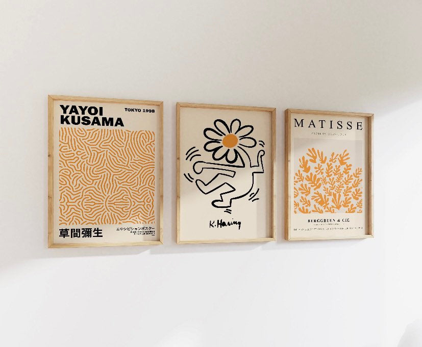 Set of 3 Matisse, Keith Haring and Yayoi Kusama prints | Wall art | yellow prints | yellow posters | colourful