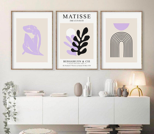 Henri Matisse set of 3 gallery prints | black and lilac abstract art | Matisse the cut outs | Henri Matisse pastel posters