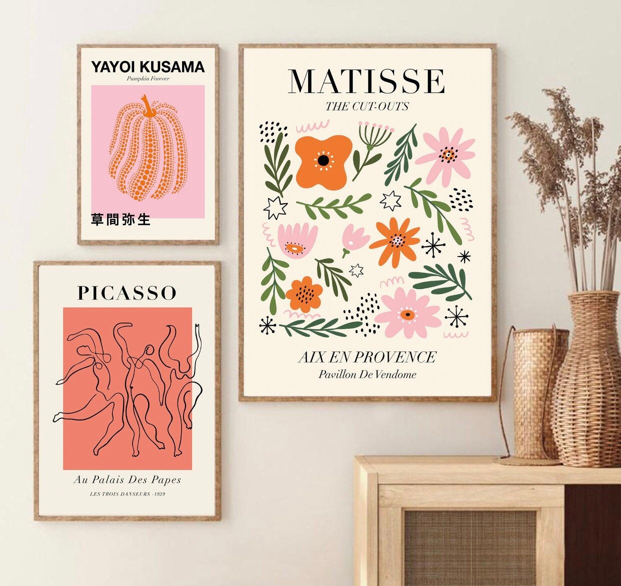 Set of 3 prints | Picasso print | Yayoi Kusama print | Matisse cut outs print | set of 3 pink wall art | Colourful Art