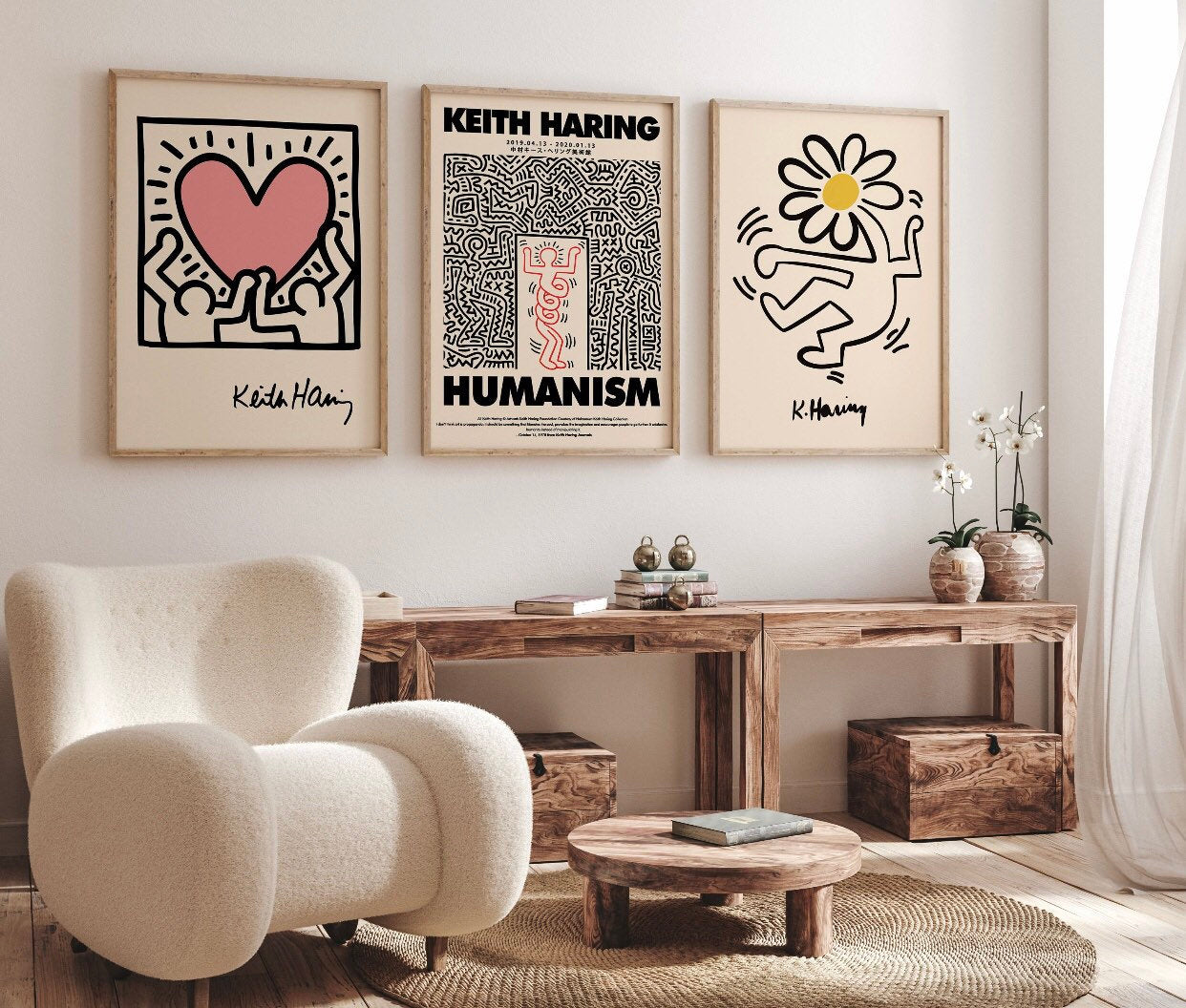 Set of 3 Keith Haring prints | humanism print | dancing flower print | Keith Haring heart print | pop art posters | white background