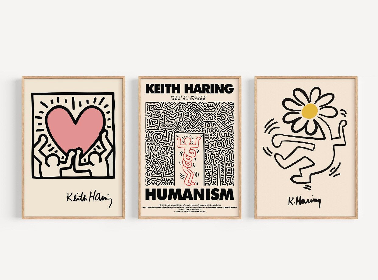 Set of 3 Keith Haring prints | humanism print | dancing flower print | Keith Haring heart print | pop art posters | white background