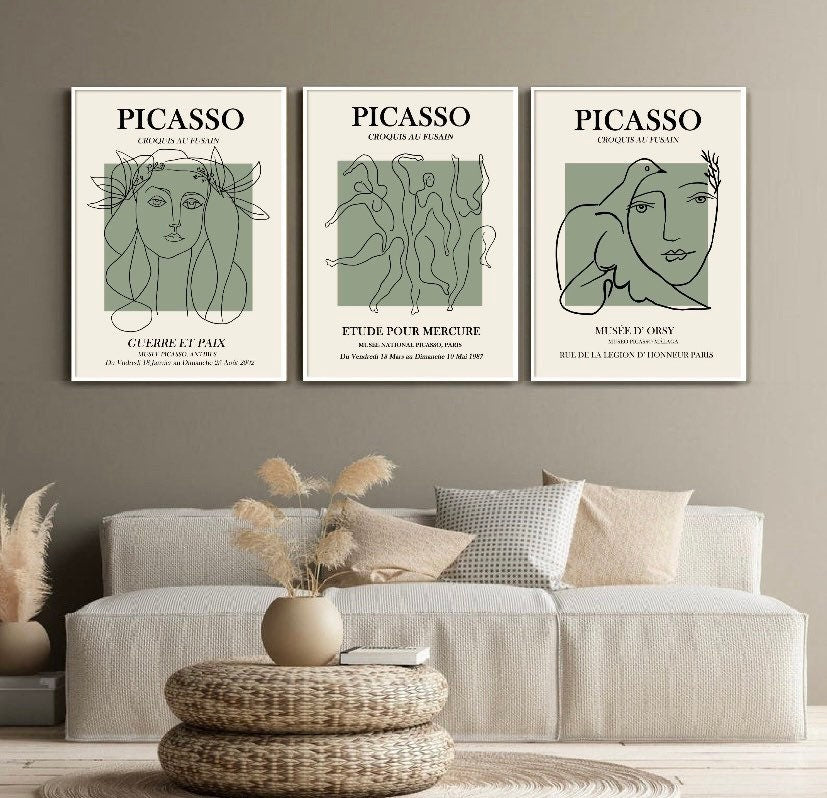 Set of 3 Picasso prints | sage green Picasso exhibition posters | famous artist prints