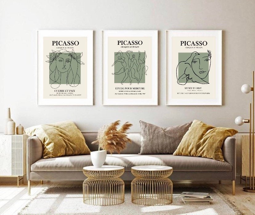 Set of 3 Picasso prints | sage green Picasso exhibition posters | famous artist prints
