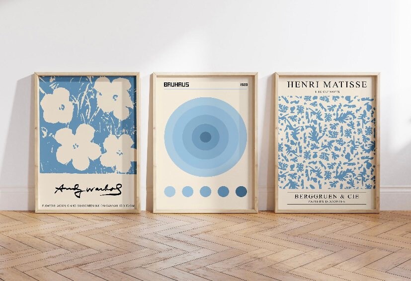 Blue Wall Art Prints Set Of 3, Matisse Print Set, Gallery Wall Set, Bauhaus Print Set, Andy Warhol Poster, Exhibition poster