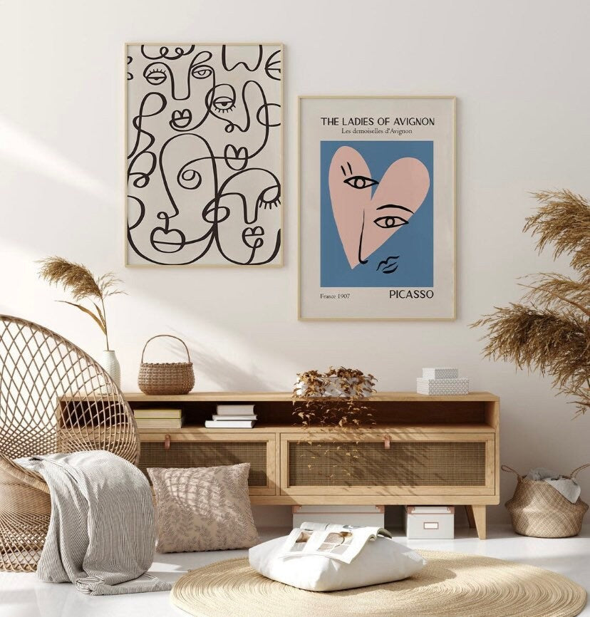 Picasso Print Set of 2, Mid Century Modern Wall Art, Boho Wall Art, 2 piece wall art, One Line Faces Poster, Exhibition Poster