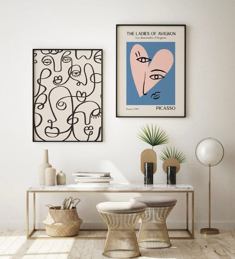 Picasso Print Set of 2, Mid Century Modern Wall Art, Boho Wall Art, 2 piece wall art, One Line Faces Poster, Exhibition Poster