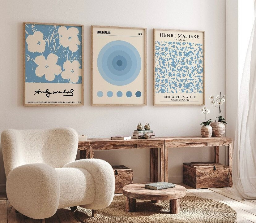 Blue Wall Art Prints Set Of 3, Matisse Print Set, Gallery Wall Set, Bauhaus Print Set, Andy Warhol Poster, Exhibition poster