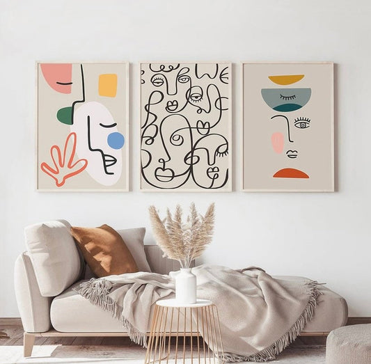 3 piece wall art, Picasso Print Set, Abstrat Boho Poster Bundle, Line Art Poster Set of 3, Colourful art, Abstract Faces Line Art,