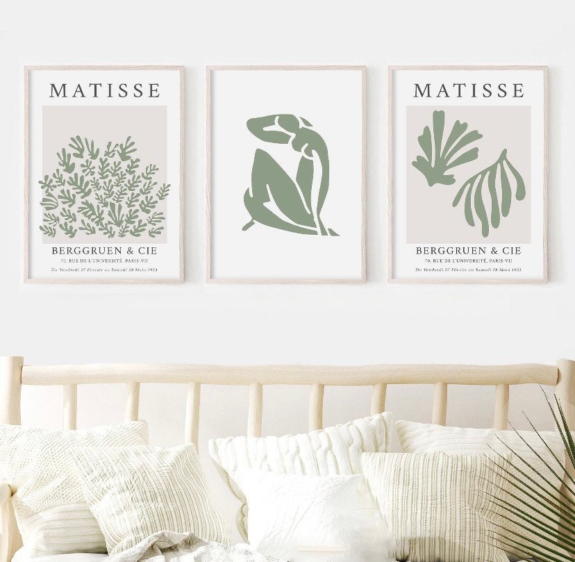 Matisse Sage Set of Three | Exhibition Poster. Abstract Wall Art | Matisse Cut Out’s | Sage Green Wall Art |Matisse Poster Set