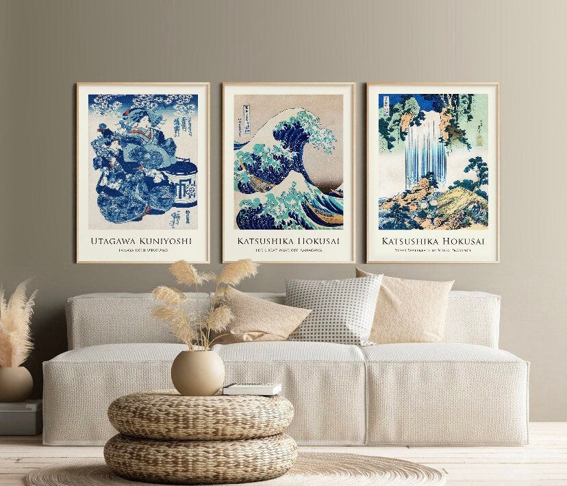 Japanese Wall Prints Set of 3 | Woodblock Art |Vintage Japanese Art | Katsushika Hokusai Prints | Kanagawa, Great Wave