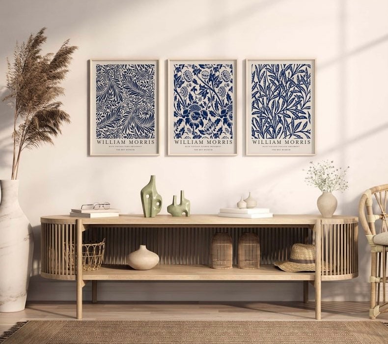 William Morris Set Of Three Prints | William Morris Navy Flower Poster | Floral Wall Art Prints |Blue Art