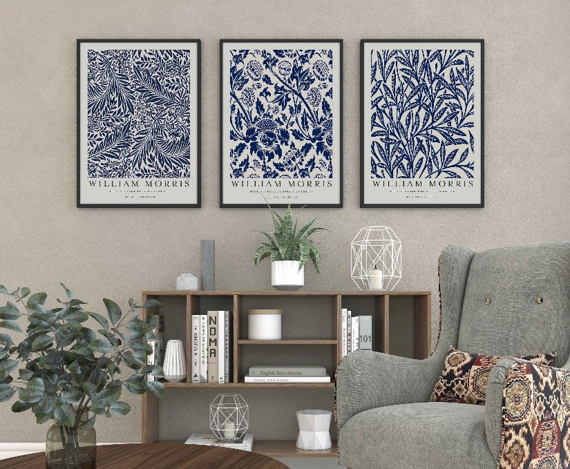 William Morris Set Of Three Prints | William Morris Navy Flower Poster | Floral Wall Art Prints |Blue Art