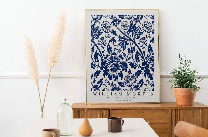 William Morris Set Of Three Prints | William Morris Navy Flower Poster | Floral Wall Art Prints |Blue Art