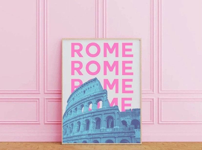 Rome Travel Print | Pink Blue Rome Art | Travel Exhibition Print | Retro Wall Art | Rome Print | Landmark Print | colosseum Print
