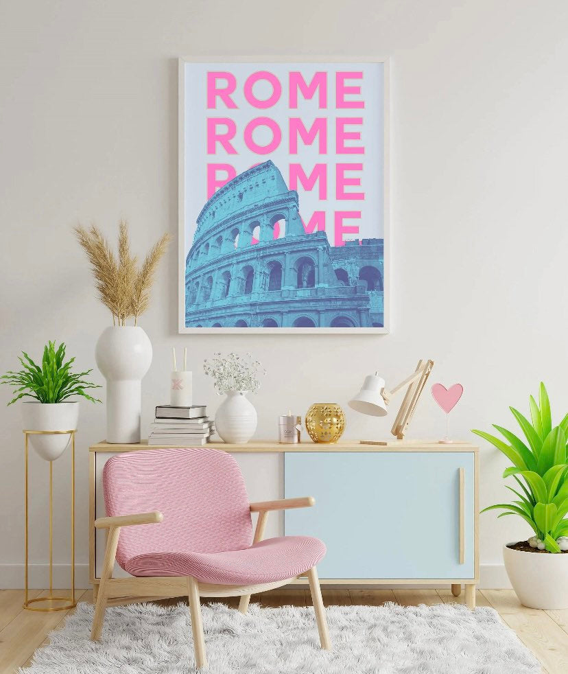 Rome Travel Print | Pink Blue Rome Art | Travel Exhibition Print | Retro Wall Art | Rome Print | Landmark Print | colosseum Print