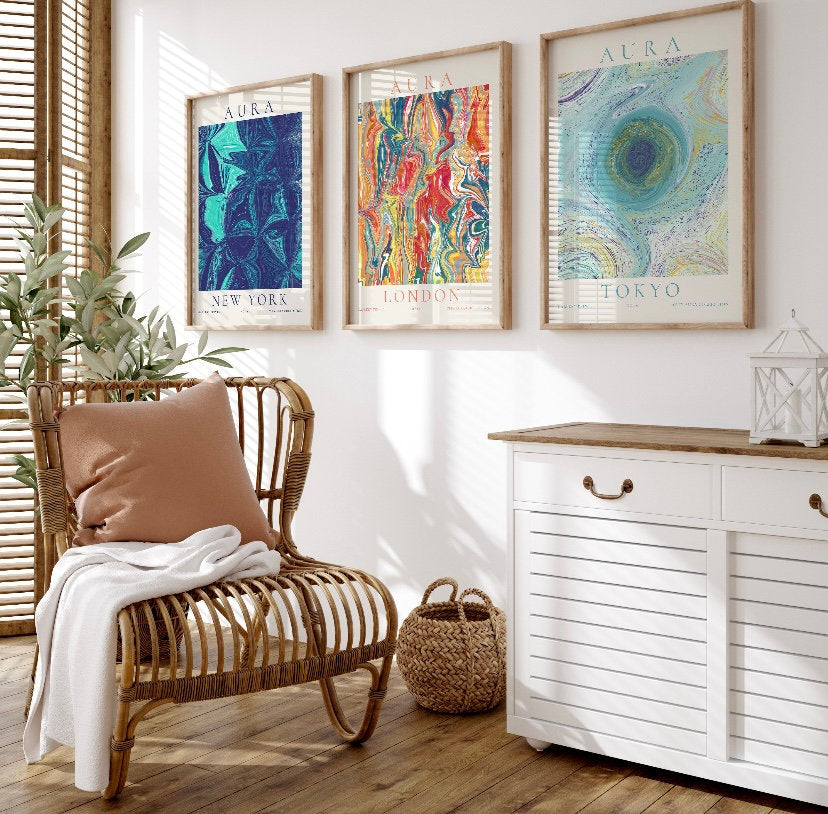 City Aura Posters, Gradient Wall Art | Positive Energy Print Set | Retro Aura Prints,