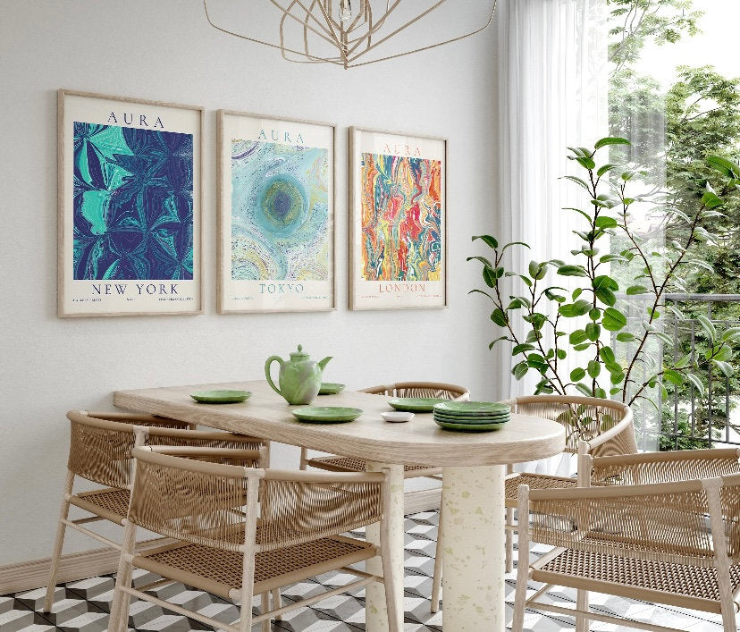 City Aura Posters, Gradient Wall Art | Positive Energy Print Set | Retro Aura Prints,