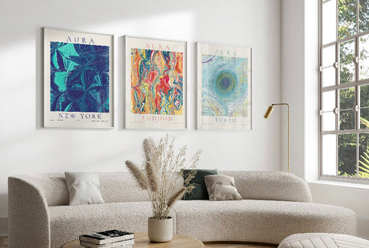 City Aura Posters, Gradient Wall Art | Positive Energy Print Set | Retro Aura Prints,