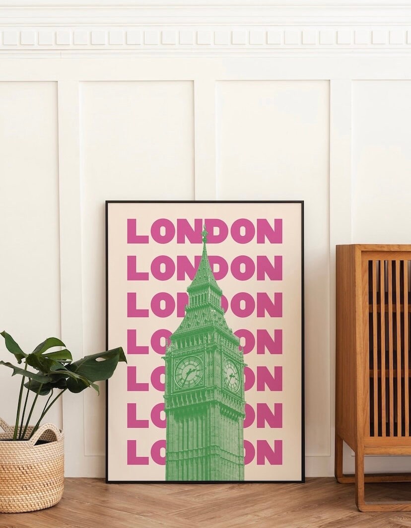 London Travel Print | Pink Blue London Art | Travel Exhibition Print | Retro Wall Art | Rome Print | Landmark Print | Big Ben Print