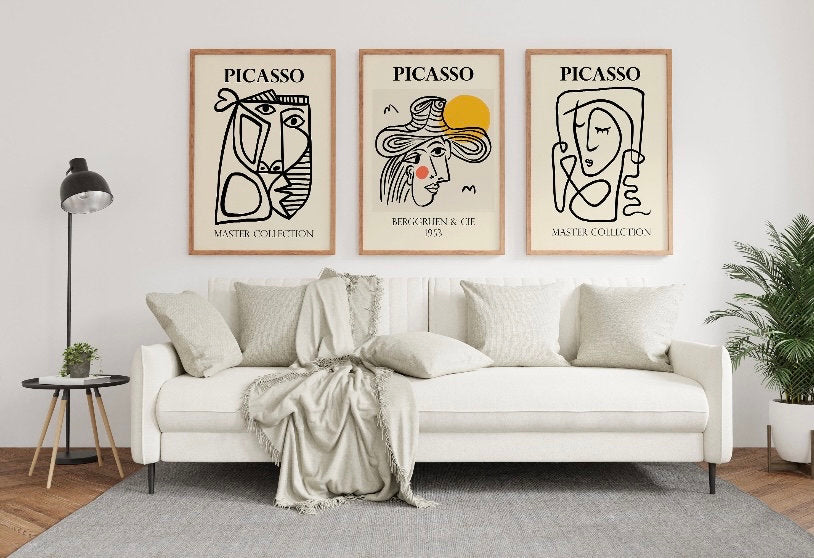 3 piece wall art, Picasso Print Set, Abstrat Boho Poster Bundle, Line Art Poster Set of 3, Colourful art, Abstract Faces Line Art,