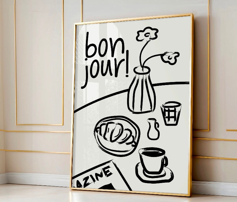 Bonjour coffee and croissant print