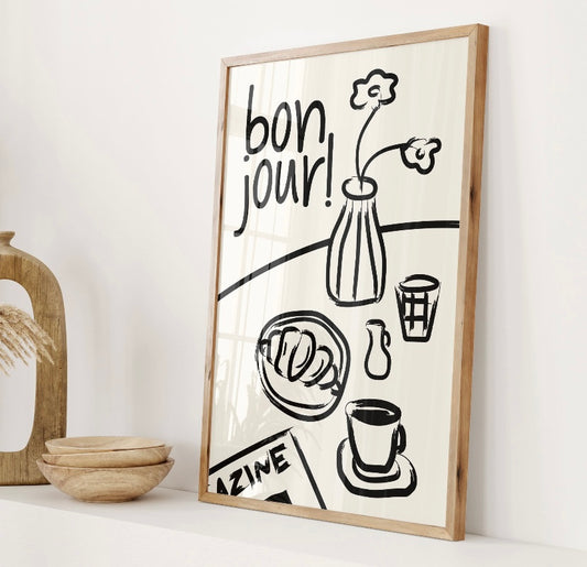 Bonjour coffee and croissant print