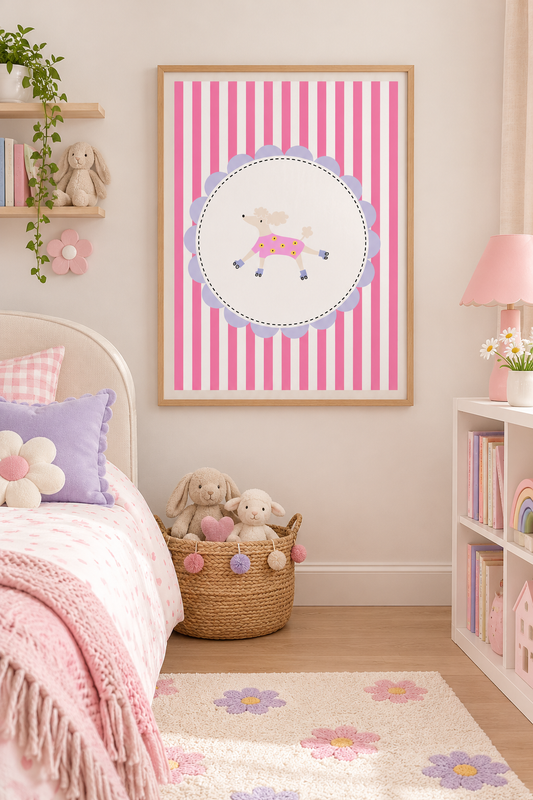 Poodle dog in skates striped children’s print