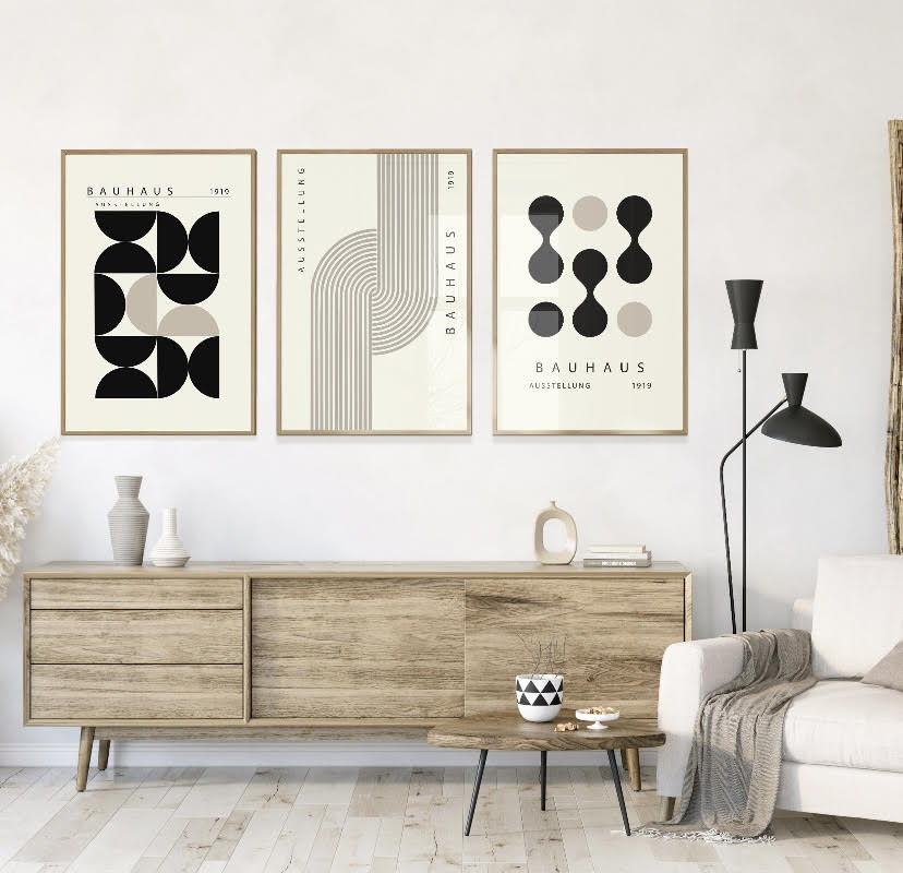 Bauhaus Set of 3 Black and White Geometric Retro Prints