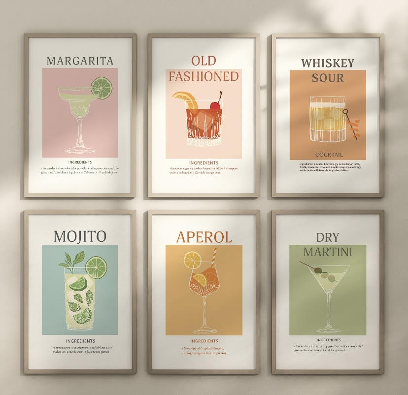 Set of Six Classic Cocktail Prints | Cocktail Gallery Wall Set