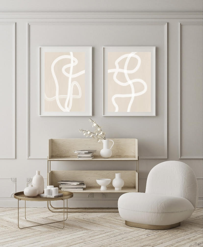 Set Of Two Beige and White Abstract Line Art