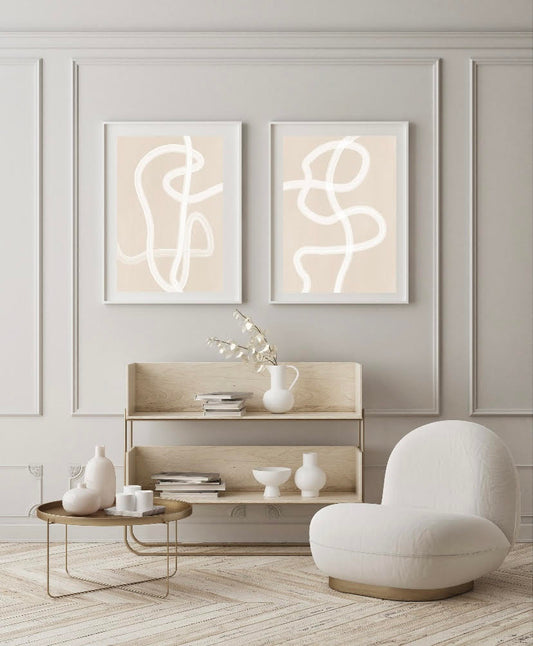 Set Of Two Beige and White Abstract Line Art