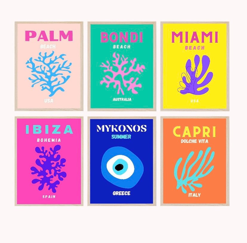 Set of 6 Travel Prints, Miami, Bondi, Palm Beach, Ibiza, Mykonos, Capri, wall art, Posters, Room Decor, Colourful