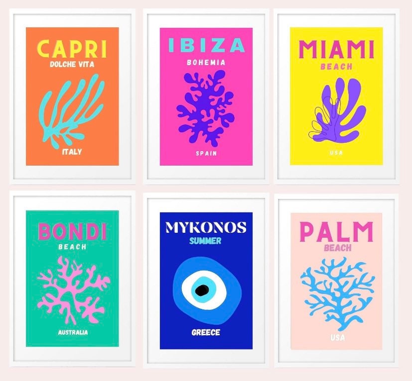 Set of 6 Travel Prints, Miami, Bondi, Palm Beach, Ibiza, Mykonos, Capri, wall art, Posters, Room Decor, Colourful