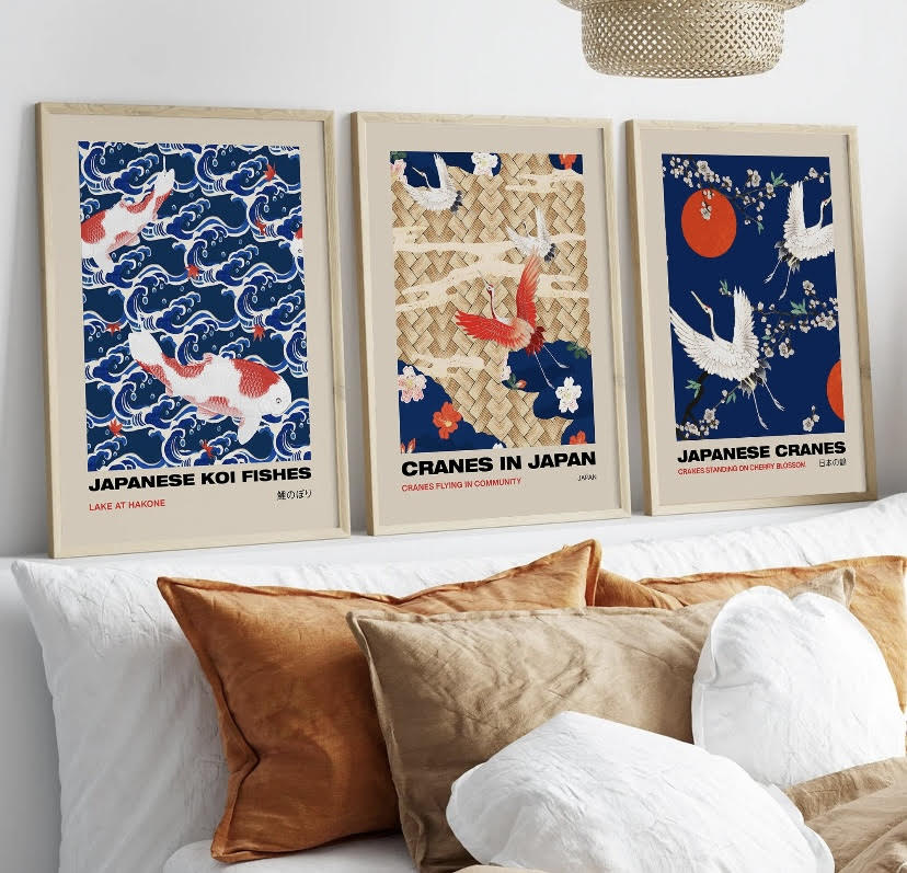 Red and Blue Japanese Crane Bird Print Set