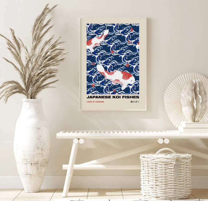 Red and Blue Japanese Crane Bird Print Set