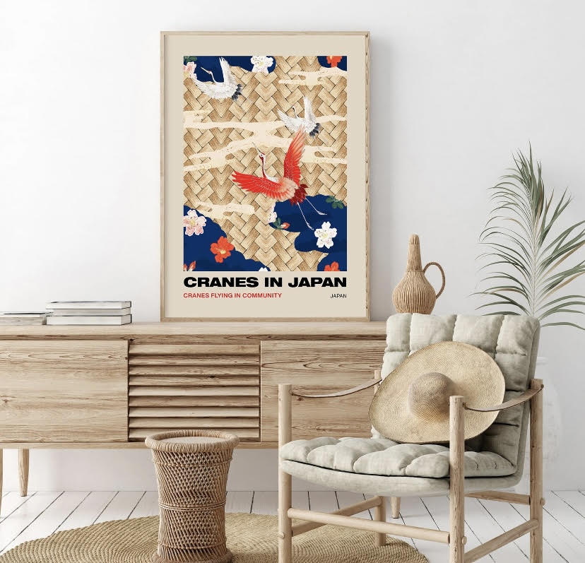 Red and Blue Japanese Crane Bird Print Set