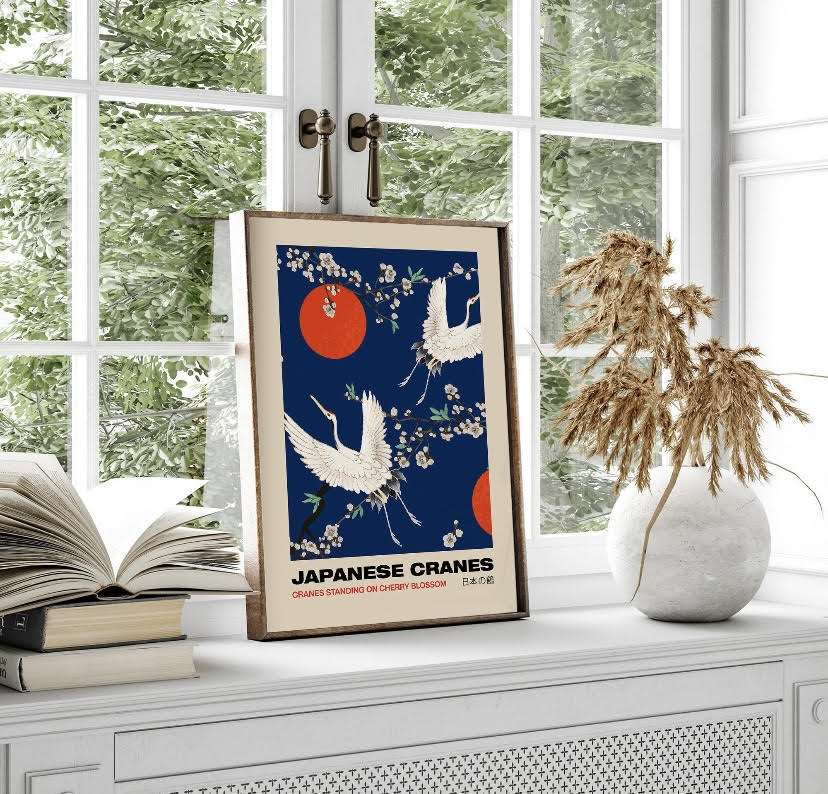 Red and Blue Japanese Crane Bird Print Set