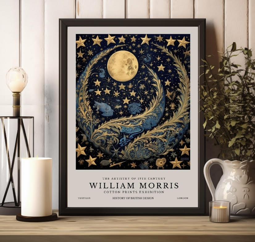 William Morris Navy Blue Moon and Stars Print