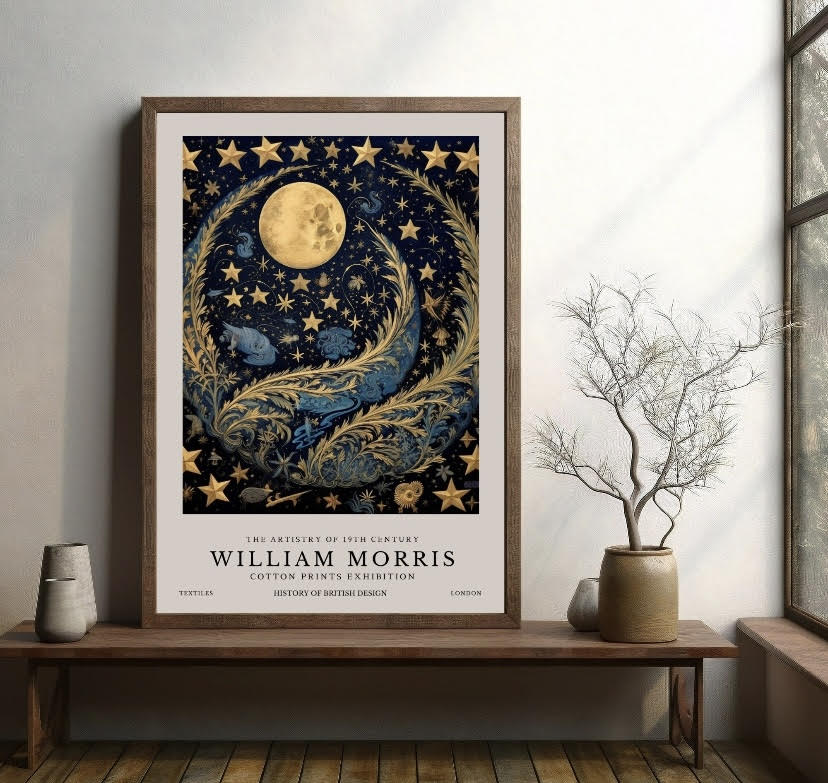 William Morris Navy Blue Moon and Stars Print