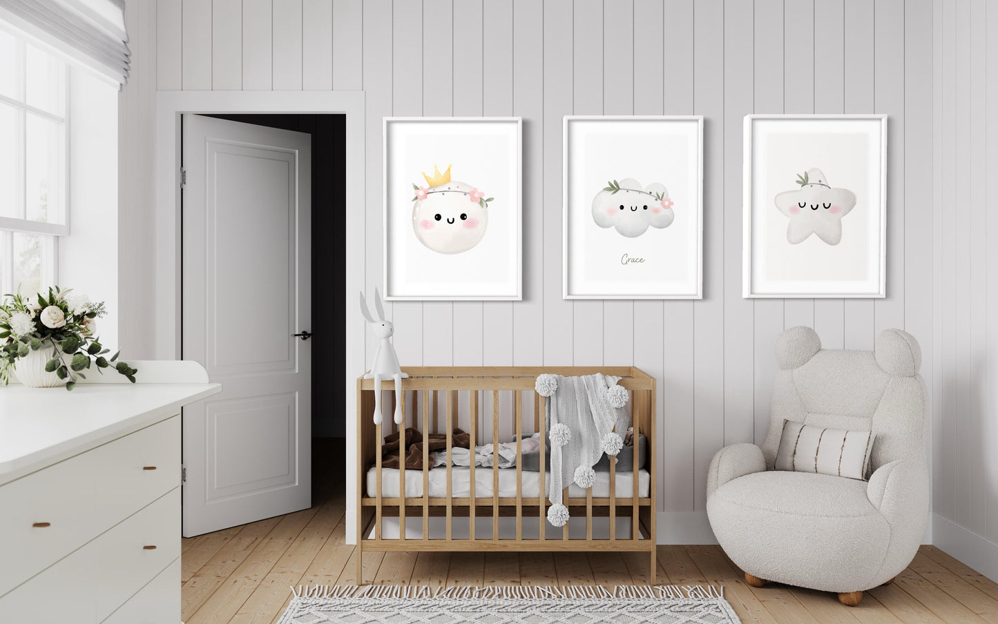 Set Of Three Moon Star and Clouds Prints