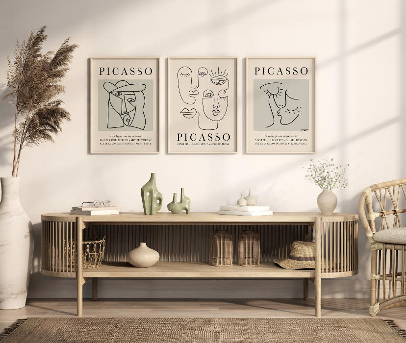 Picasso Print Set Of Three Posters | Famous Artist Wall Art |  Picasso Poster Prints | Grey Picasso Print Set