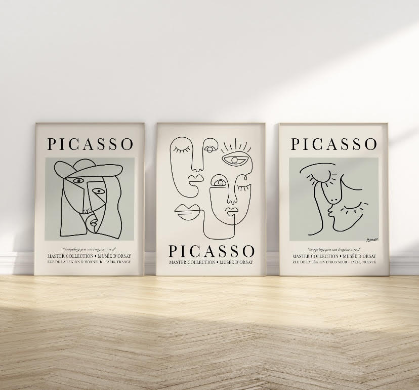 Picasso Print Set Of Three Posters | Famous Artist Wall Art |  Picasso Poster Prints | Grey Picasso Print Set